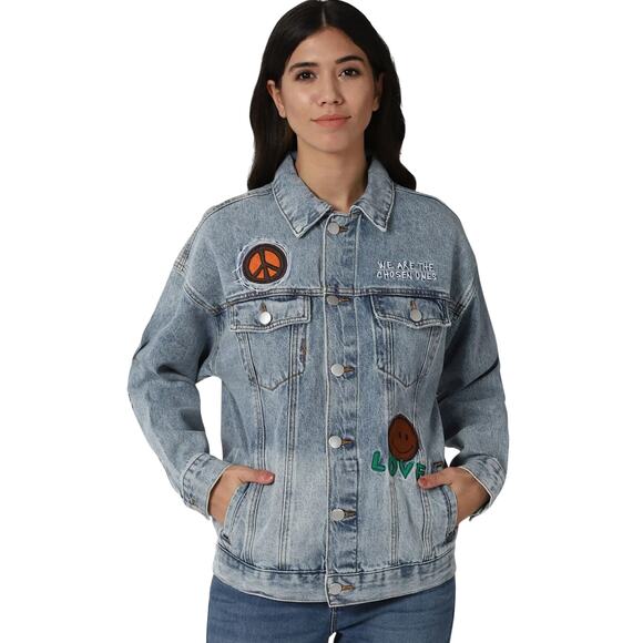 Forever 21 Jackets & Blazers - Forever 21 Embroidered Denim Jacket, Ron Bass Patches, Freedom, Peace, Size 3XL